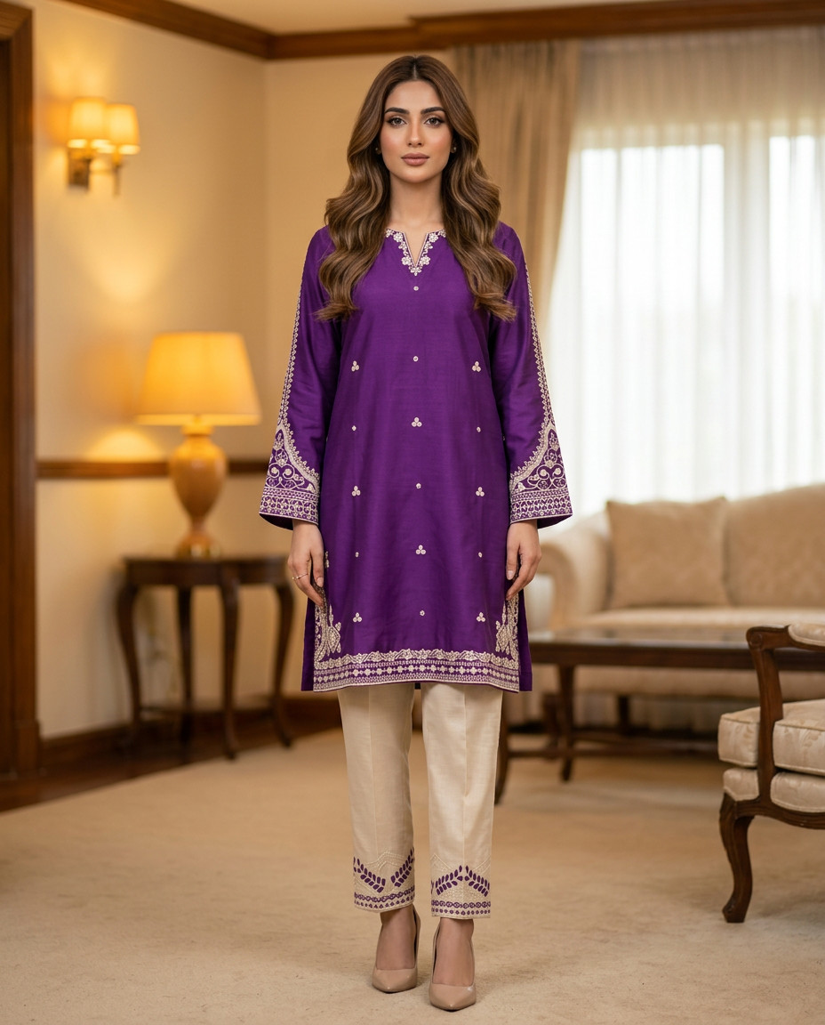 Women’s Pakistani Purple Embroidered 2-Piece Cotton Salwar Kameez Suit