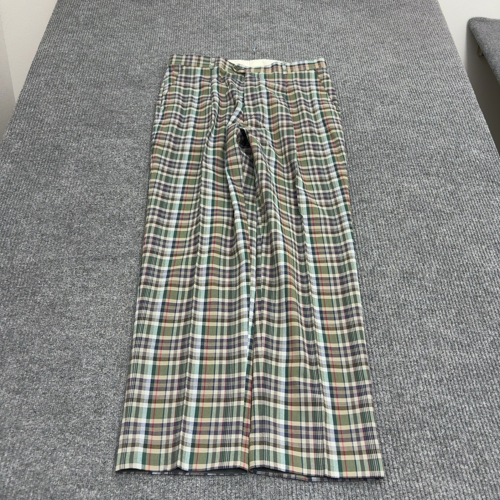 Vintage Alexandre London Pants Mens 36 Green Plaid Cotton Blend Trousers Retro