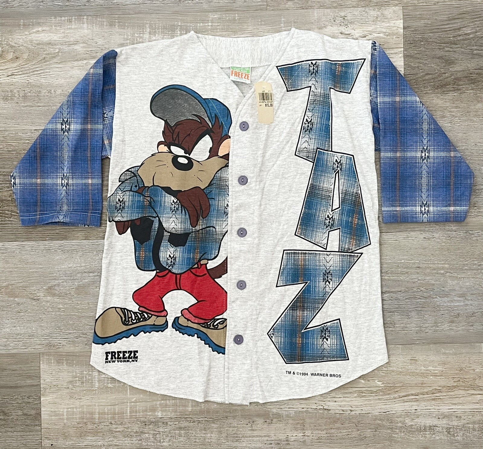 Vintage Warner Bros Tasmanian Devil Baseball Jersey Shirt Kids L - 1994 - RARE