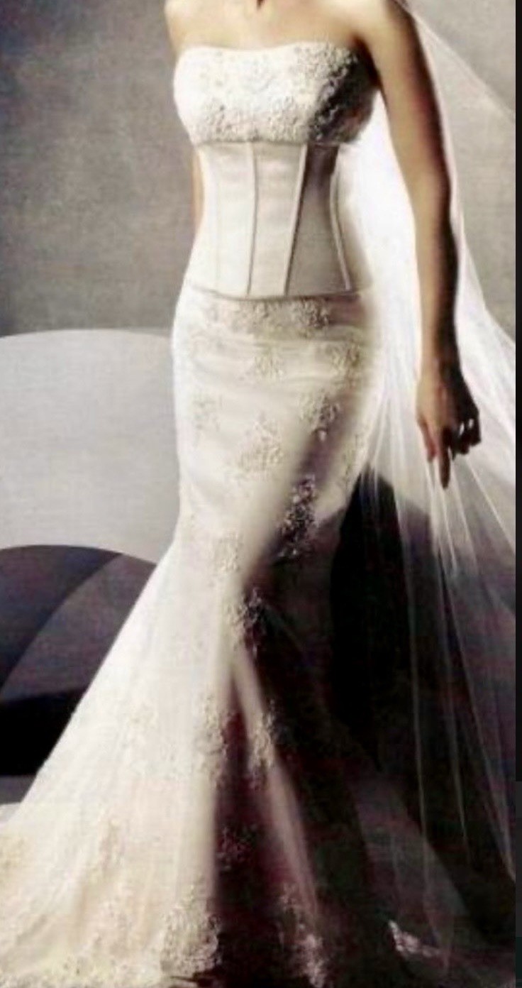2 piece Oleg Cassini Champagne Satin Strapless a line Lace Beaded Corset Gown 12