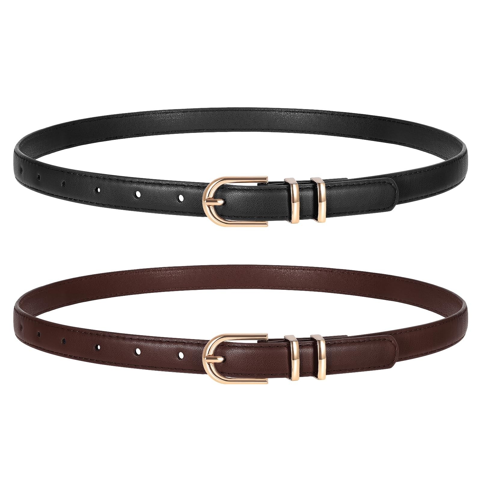 2 Pack Women\'s Skinny Faux Leather Belts for Jeans, Thin Gold Buckle Fashion Acc