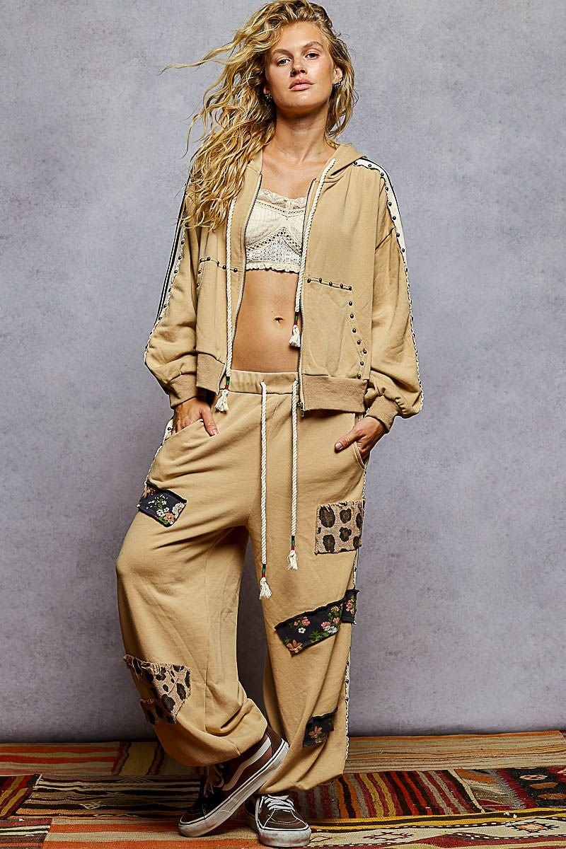 POL Tan Studs & Stripes French Terry Hoodie & Jogger Set - MEDIUM 