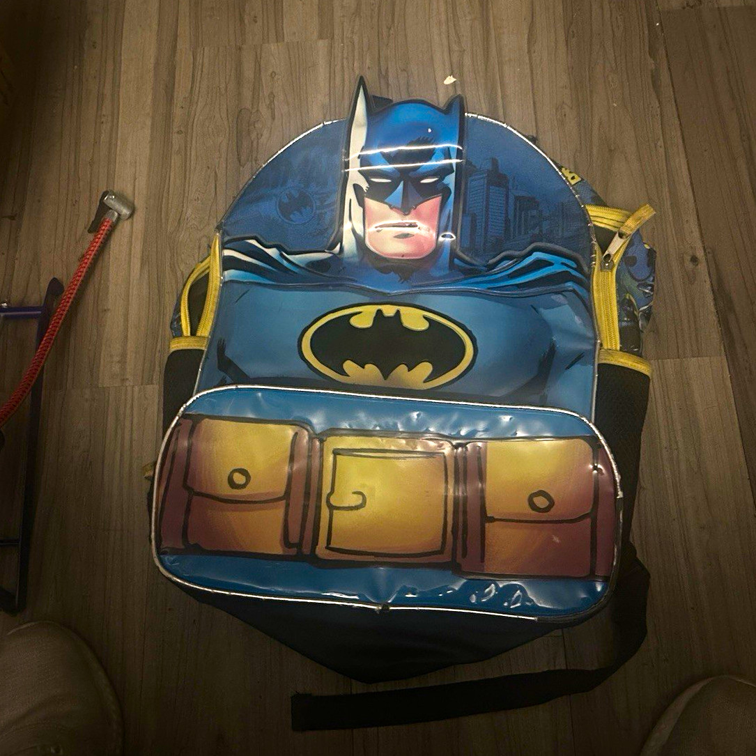 Batman Small Kids Backpack Blue/Black/Yellow Polyester Zip Graphic, Pockets