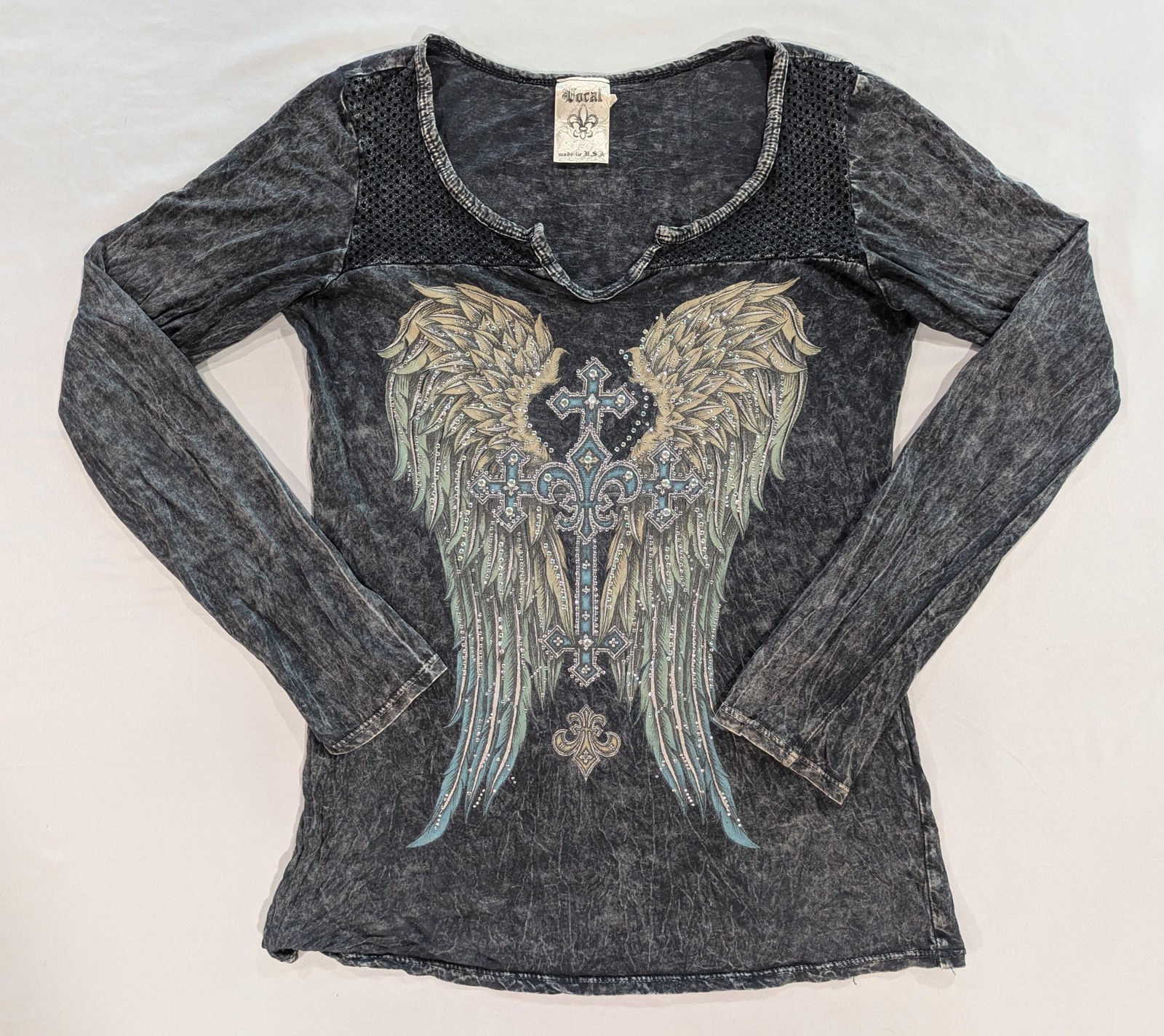 Vocal Shirt Womens M Gray Angel Wing Cross Rhinestone Long Sleeve Graphic Tunic