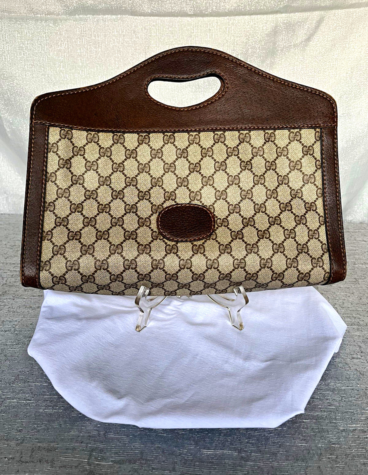 Vintage RARE Gucci GG Monogram Canvas & Brown Leather Cut Out Handle Clutch
