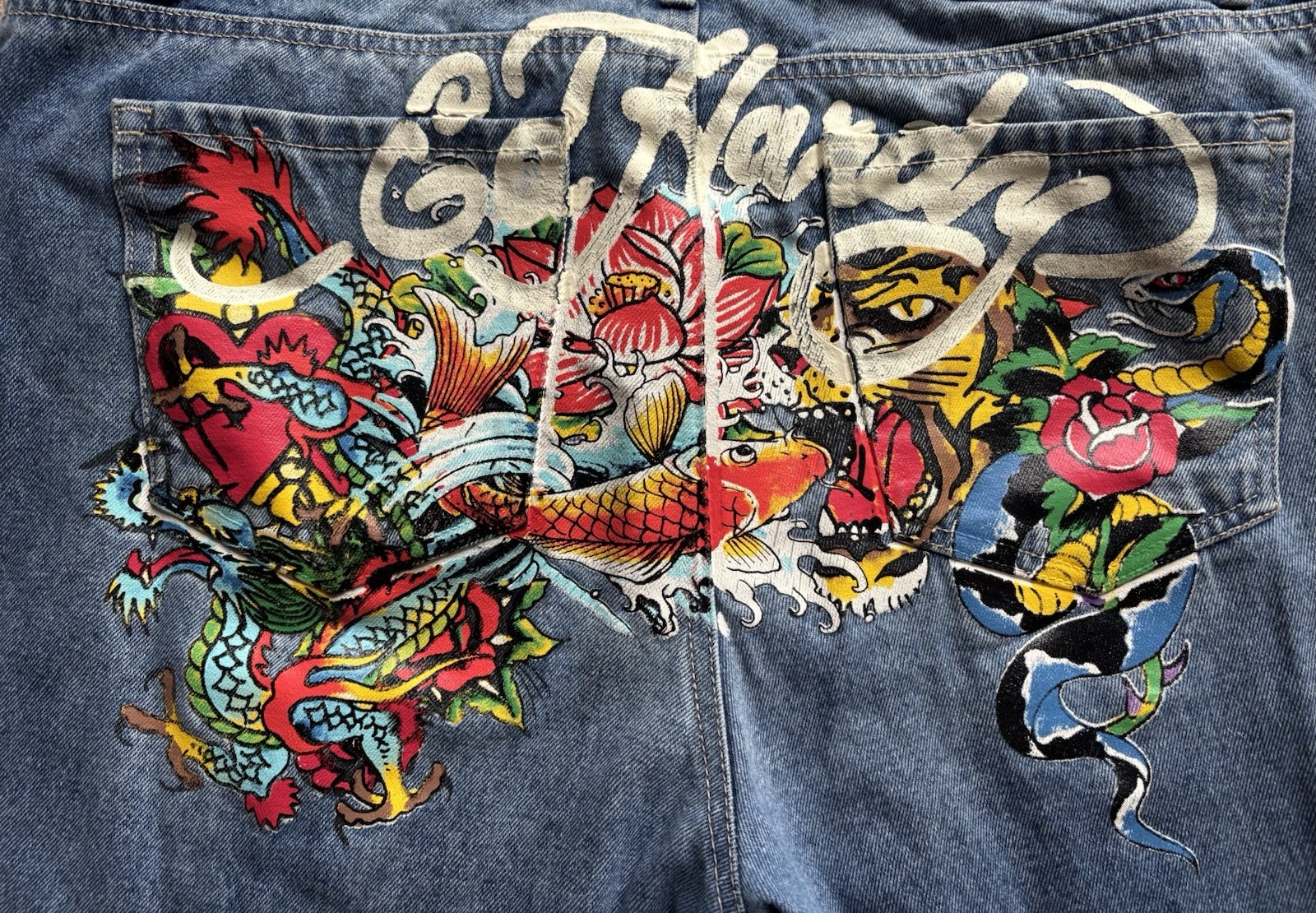 Vintage Y2K Ed Hardy Jeans Multi Tattoo Graphic Size 34 Dragon Koi Snake