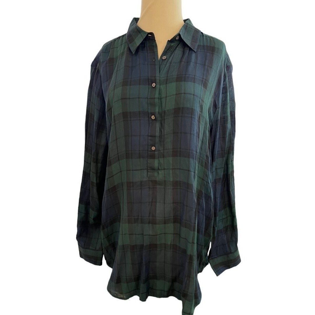 NWT LOFT XL Blue Green Plaid Button Down Shirt Blouse MSRP 49.99