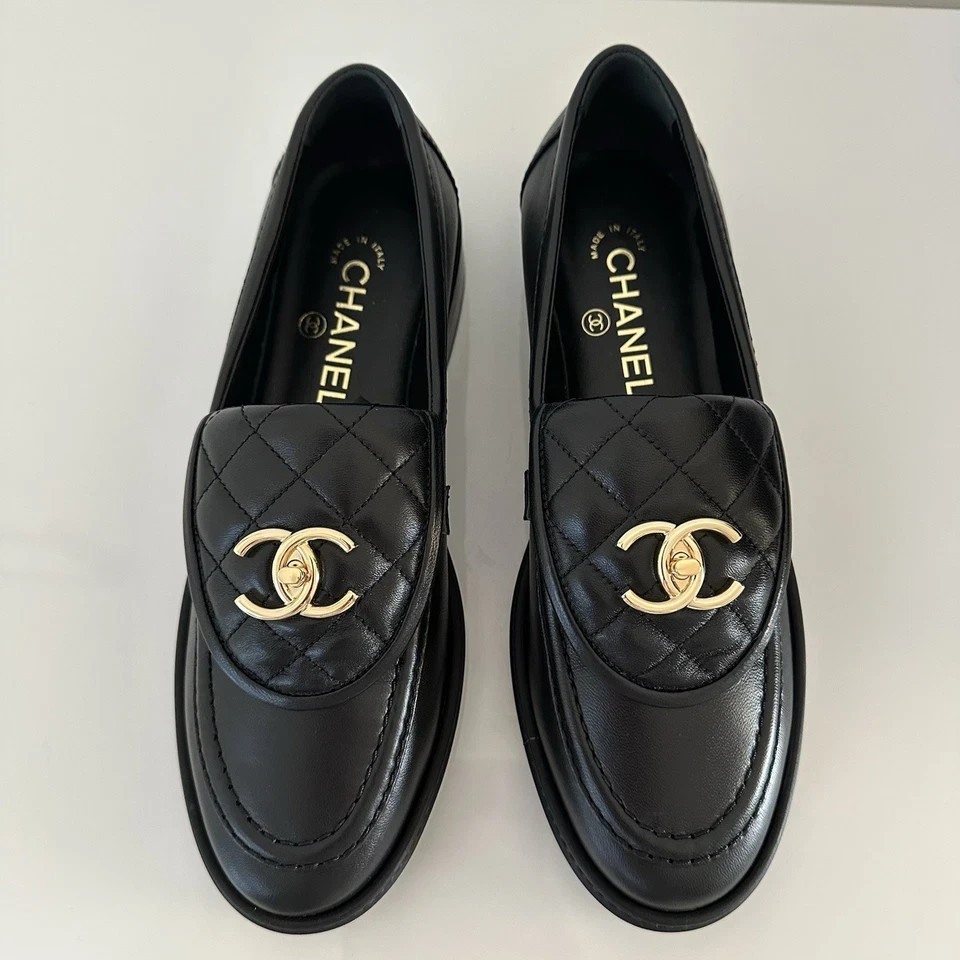 CHAN EL Black Loafers Moccasin Quilted Flap Turnlock CC Logo Pumps Sizes35 to 40