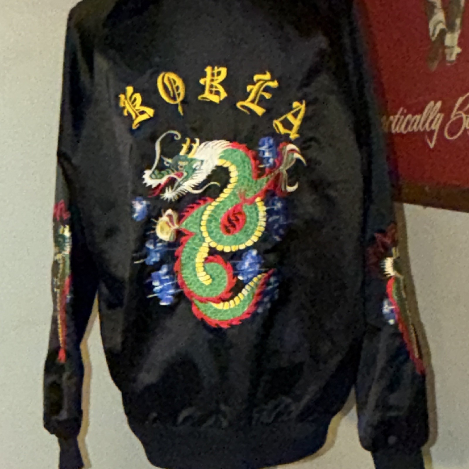 Authentic vintage Black Nylon Bomber Jacket Embroidered Dragon Korean Sz L rare