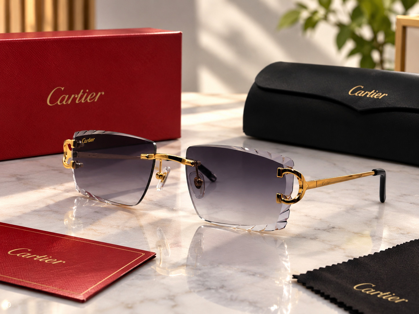 Cartier Big C Diamond Cut Rimless Sunglasses Gold Frame Smoke Gray Gradient Lens