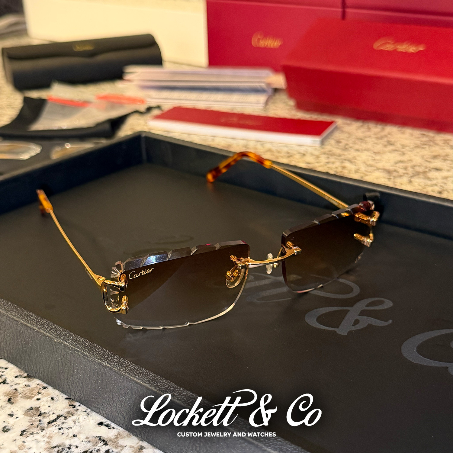 Cartier C Decor Sunglasses Gold with Cognac Diamond Cut Lens CT0092o