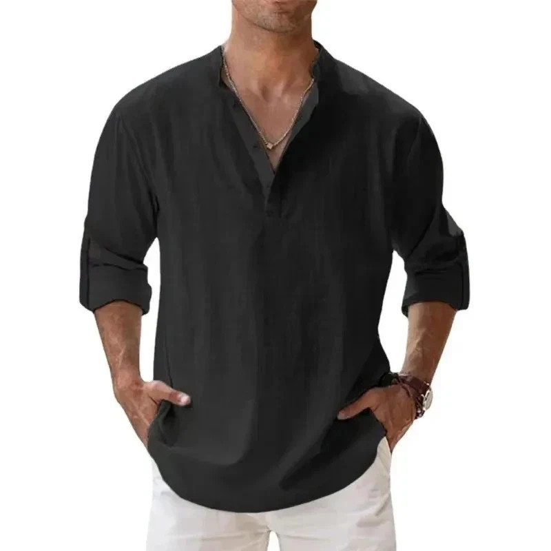 Men\'s Cotton Linen Henley Long Sleeve Shirt Casual Beach T-shirt Tee Summer Gift