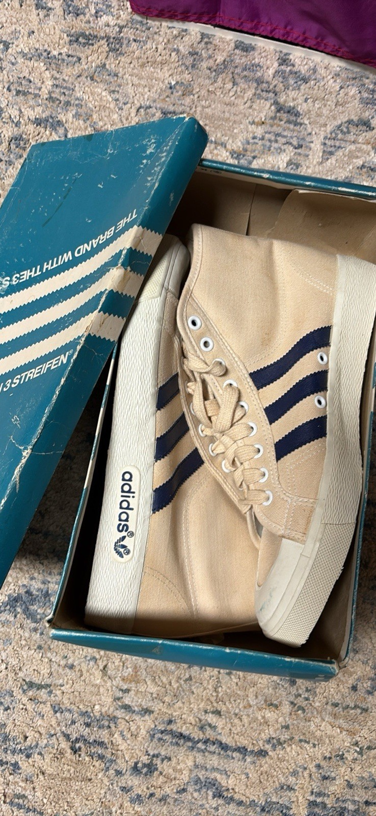 Vintage Adidas 3 Streifen High Top Canvas Sneakers Beige Navy Blue Rare