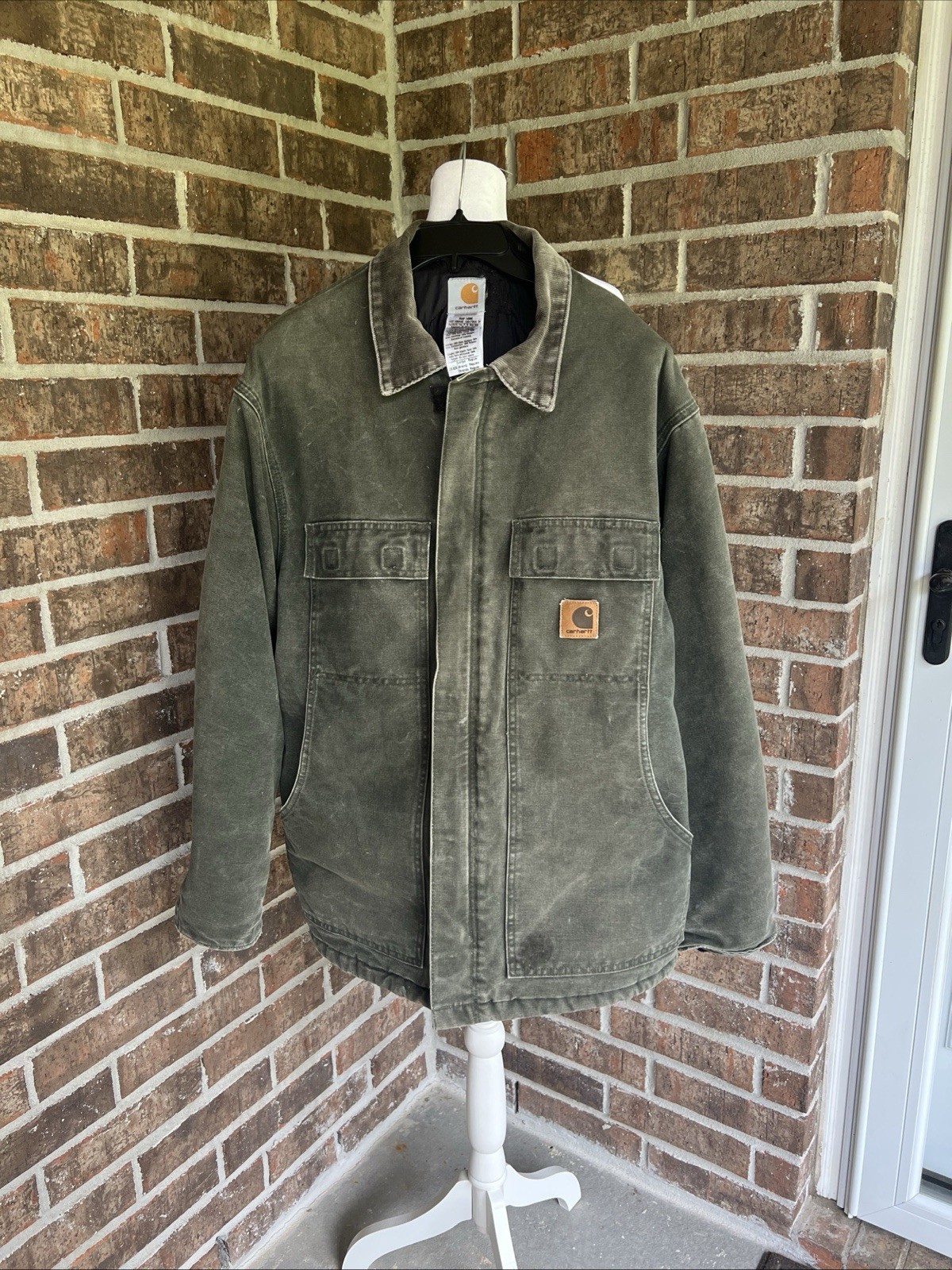 VINTAGE Carhartt C26 MOS Coat Large Moss Green Duck Canvas Work Jacket Flaws