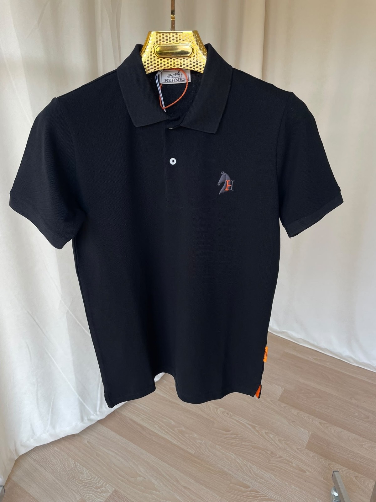 Hermes black polo shirts for men logo embroidered size: small