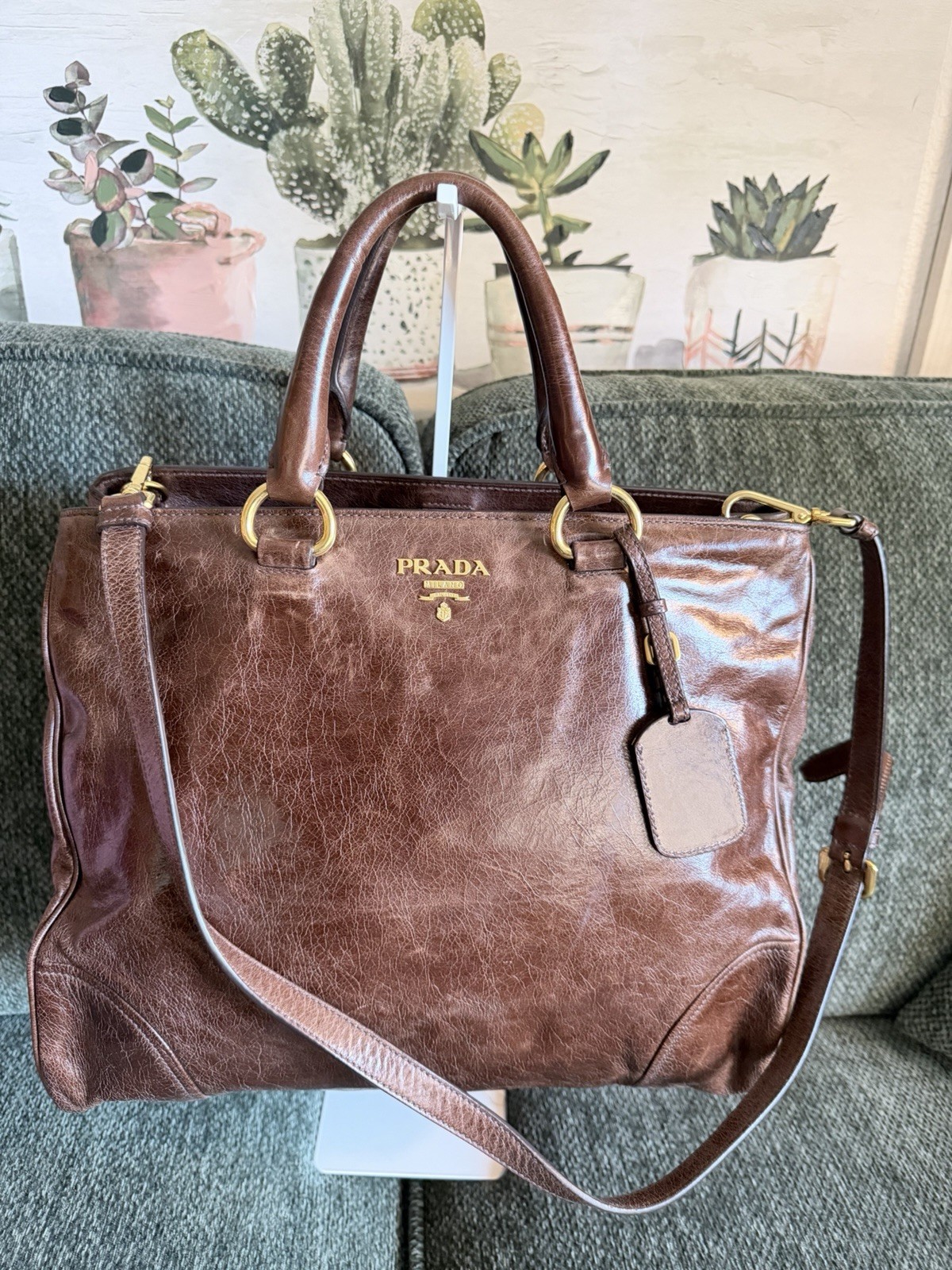 PRADA Vitello Daino Leather Two Way Bag In brown