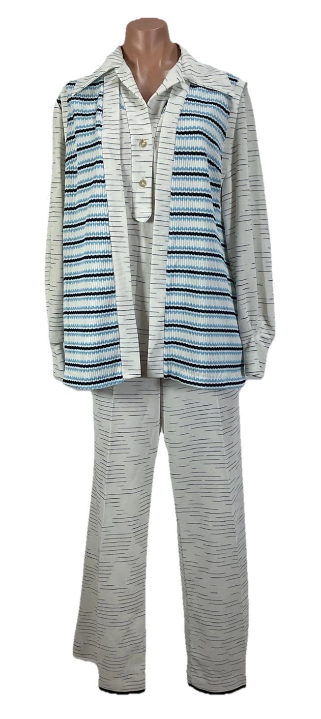 Vintage 60s 70s Mod Blue White Stripe 3pc Flare Pant Duster Top Set Crochet