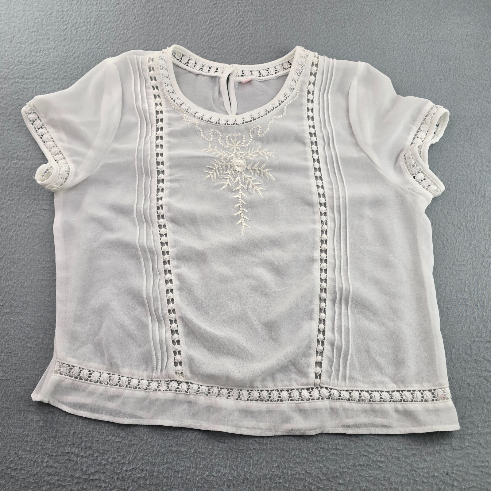 Womens Blouse Top White Embroidered Delicate Lace Trim Vertical Pintuck Details