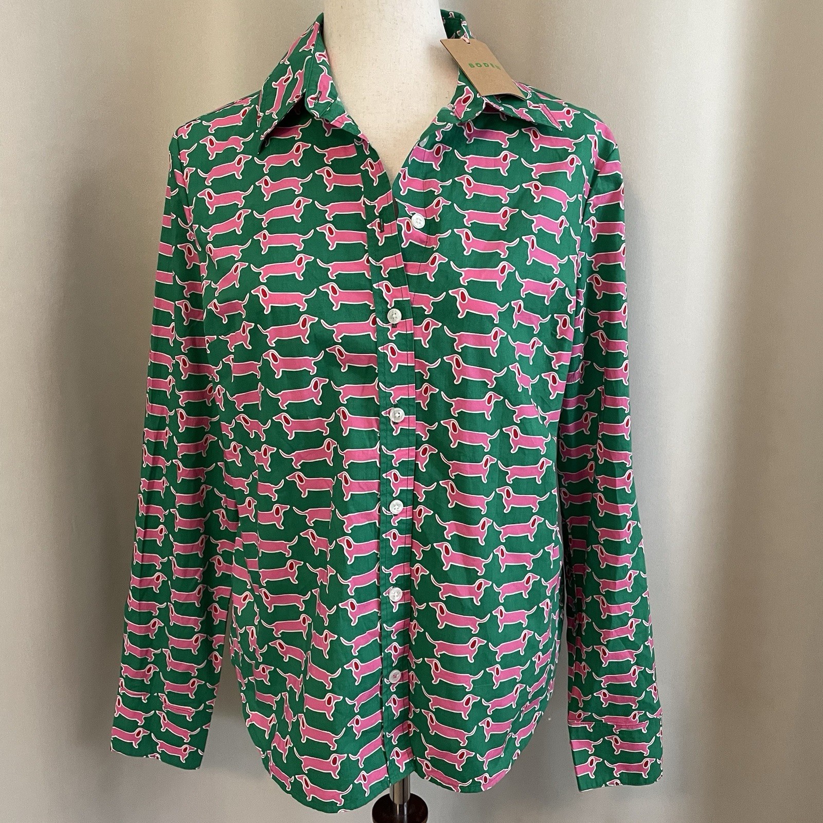 Boden Sienna Cotton Button Up Dachshund Dog Shirt Sz 8 Pink Green NWT