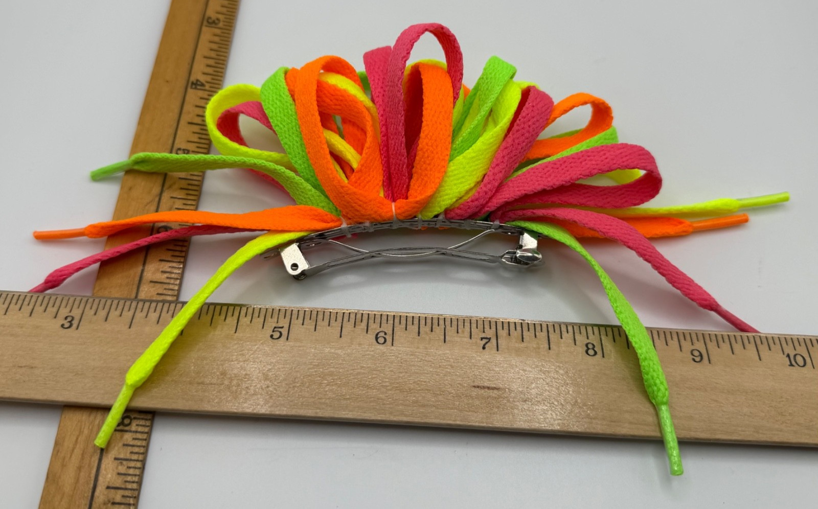 Vtg 1990s Shoelace Hair Bow Barrette Clip Updo Ponytail Pink Neon Green Yellow