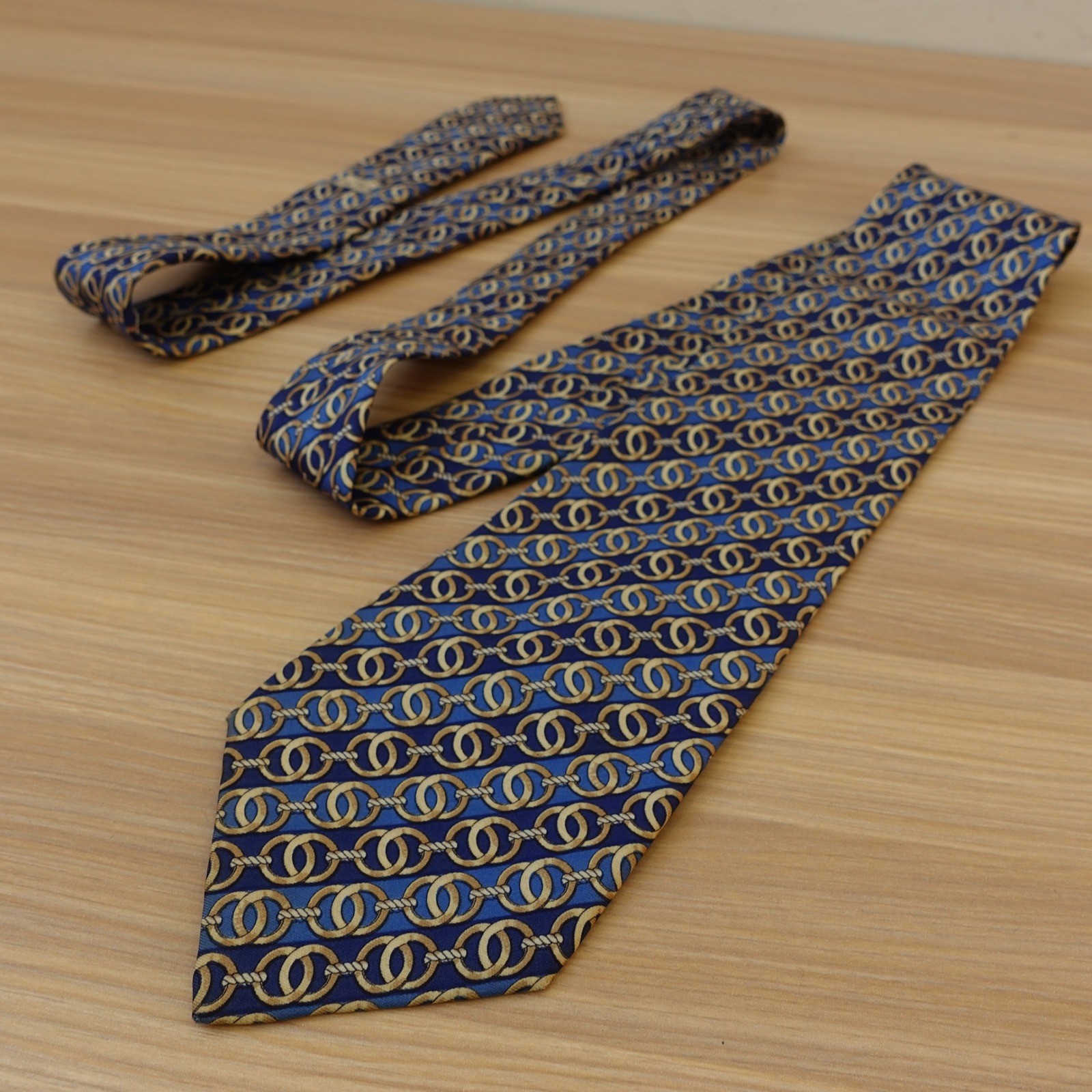 Celine Paris Men Blue Silk Tie Gold Chain Link Rope Luxury Equestrian Suit Dress