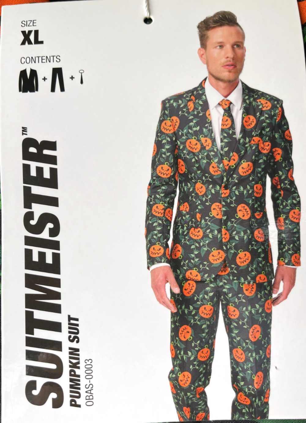 NEW Suitmeister XL Halloween Pumpkin Print 3-Piece Suit Set Jacket, Pants, Tie