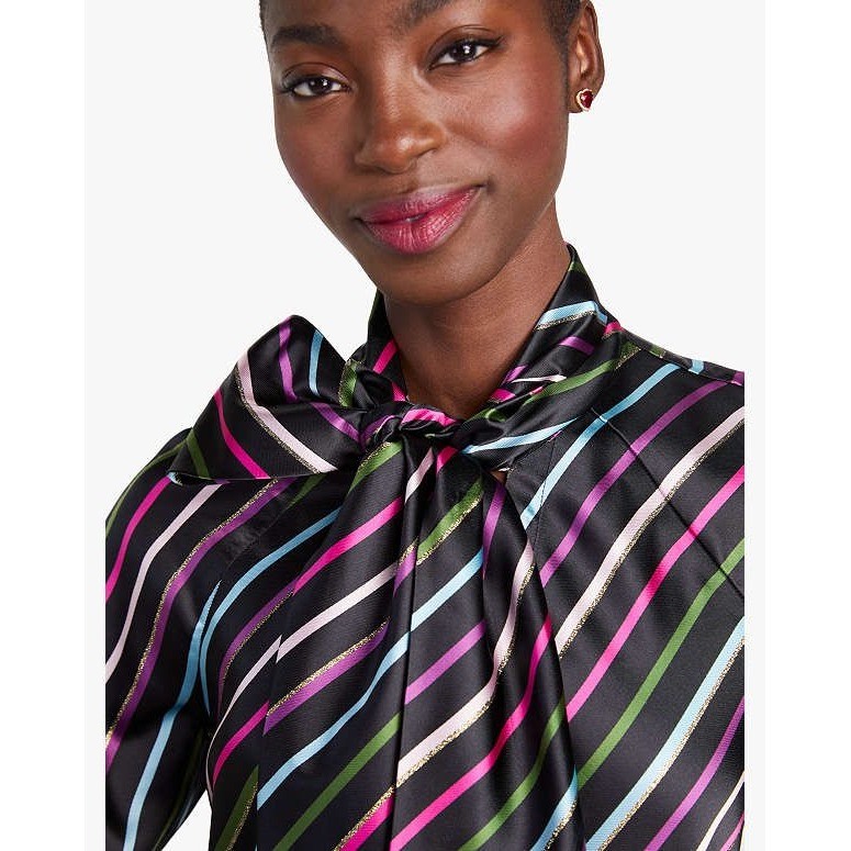 Kate Spade New York Sz S Party Stripe Tie-neck Shirt Black Multi Satin Blouse S