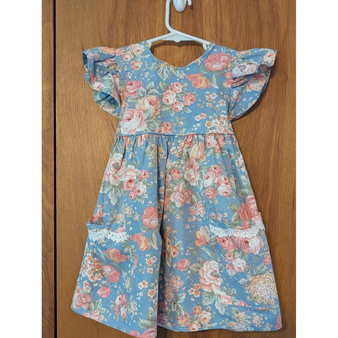 Vintage Anne Savoy Girls Floral Dress Size 4 Blue Pink Lace 90s Flutter Sleeve