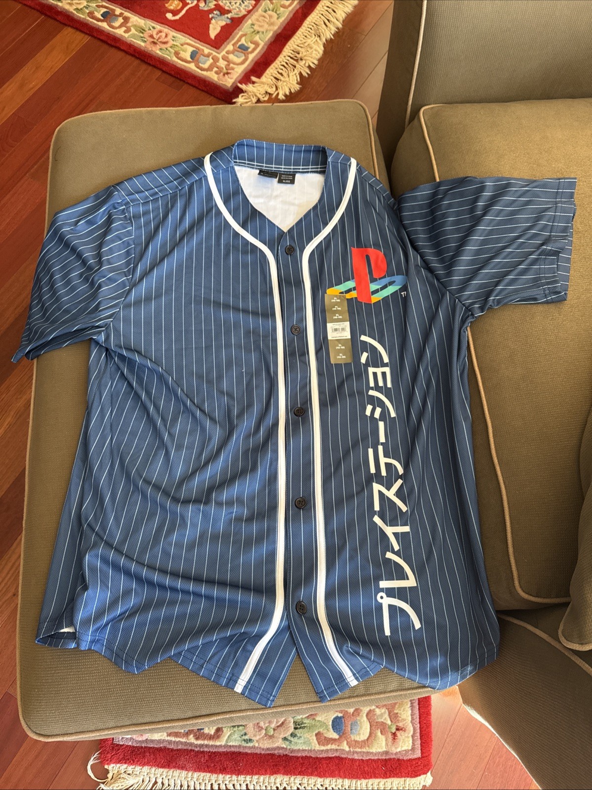 PlayStation Vertical Kanji Logo Mens XL Blue Button-Up NWT