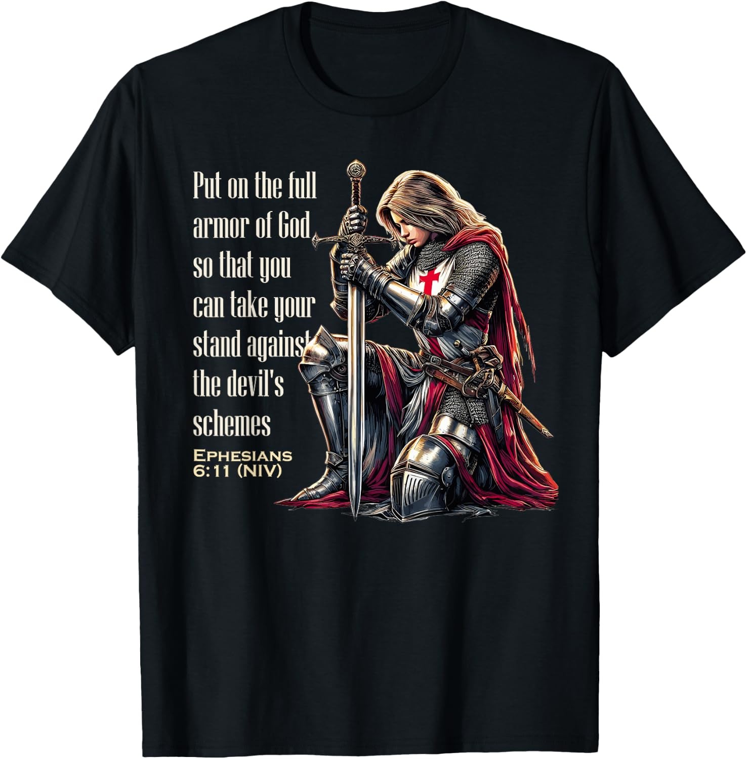 Templar Women Knight Christian Bible Verse Saying Graphic T-Shirt Black