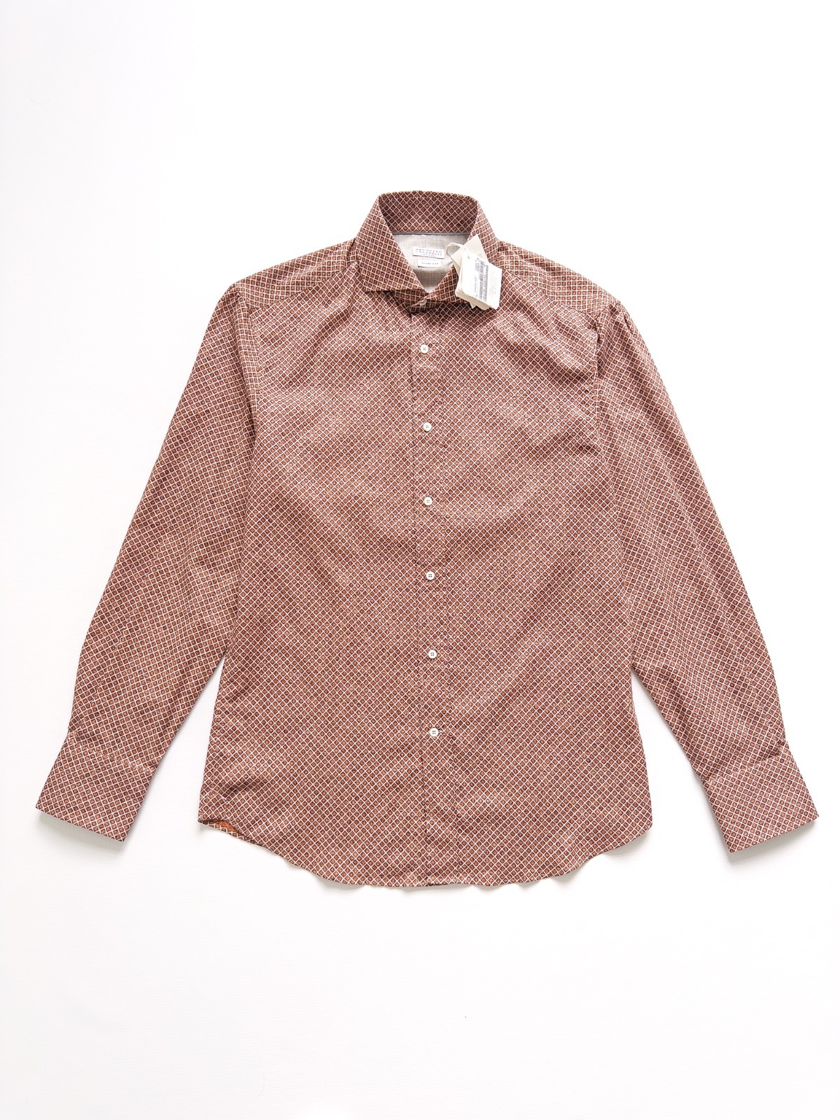 NWT Brunello Cucinelli Men\'s Dusty Rose Brown Geometric Print Slim Fit Shirt L