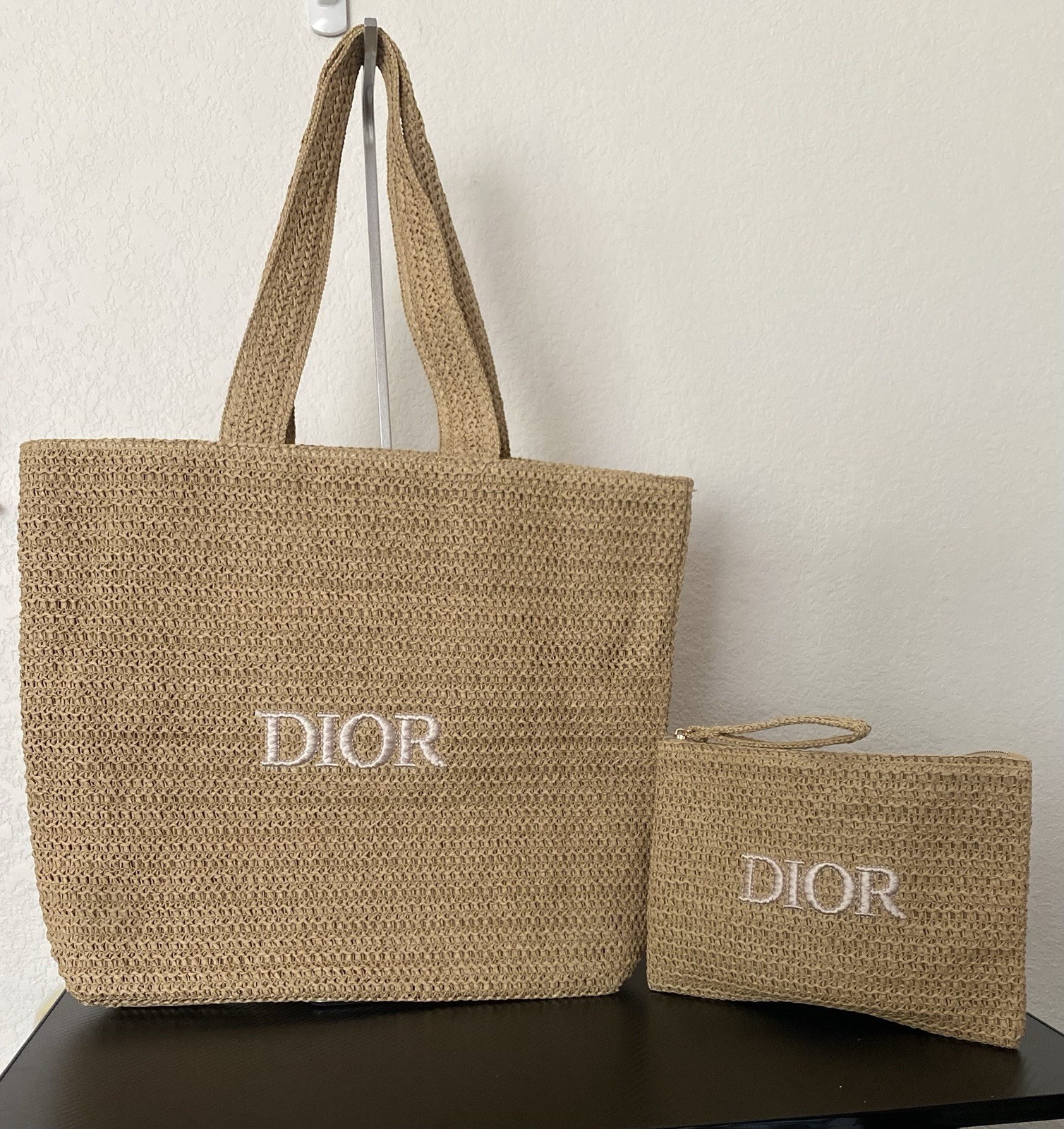 VIP Dior Beauty GWP Beige Straw Tote Bag & Pouch BUNDLE