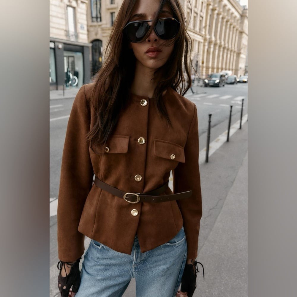 Zara NWT Brown Tan Gold Details & Belt Loops Suede Blazer (Size Small)
