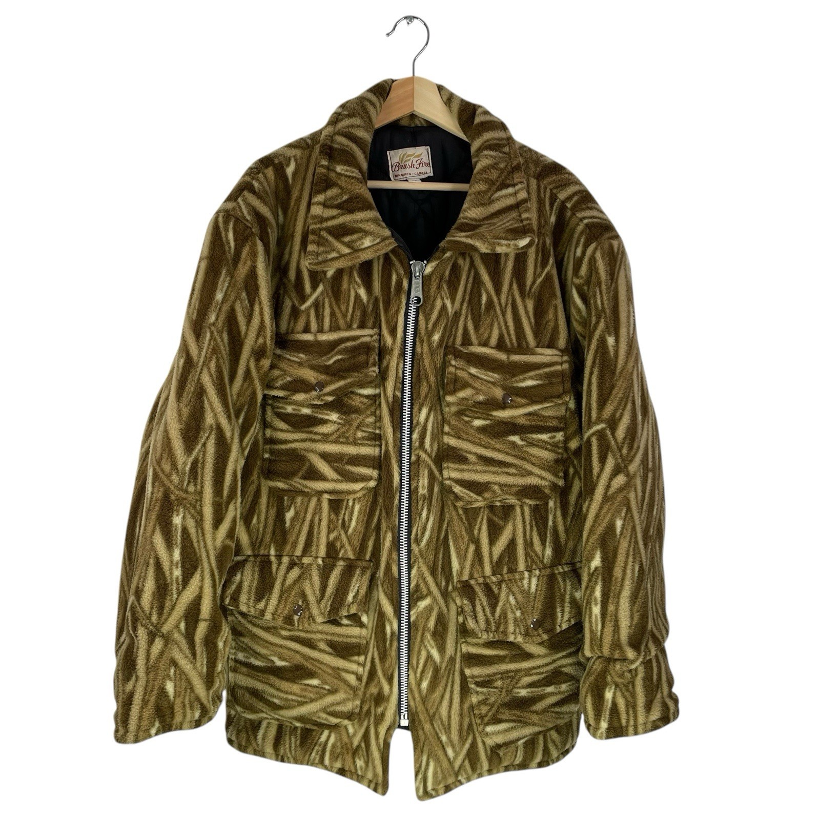VTG Bush Fire Camo Fleece Hunting Jacket 1980s Outdoorsman Camouflage Sz Large