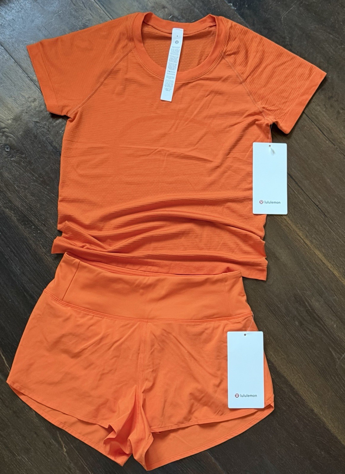 NWT Lululemon Matching Set SS Swiftly Sz6 & Speed Up Short Sz4 Orange Punch