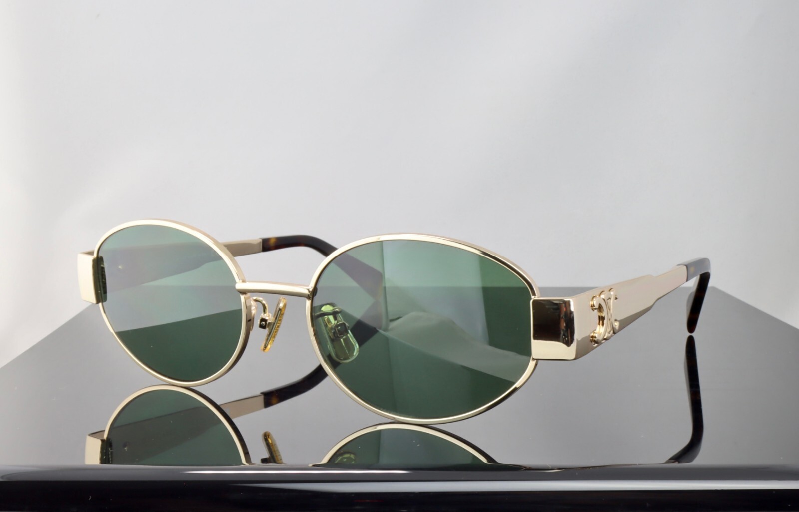 Celine Triomphe Metal CL40235U 30N Gold / Green Lenses Oval Sunglasses 100% UV