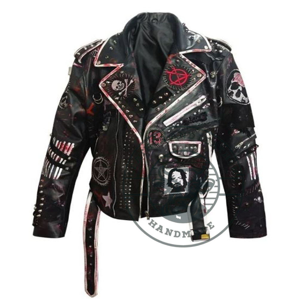 Men\'s Steampunk Patches Conical Studs, Brando Shoulder Epaulets Leather Jacket