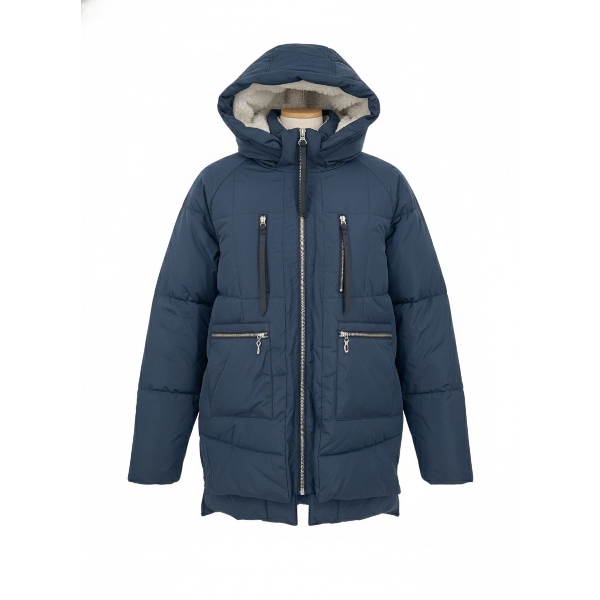 NWT OROLAY Down Puffer Coat Navy Blue 2XL Hooded Zip Front Sherpa Lined Pockets
