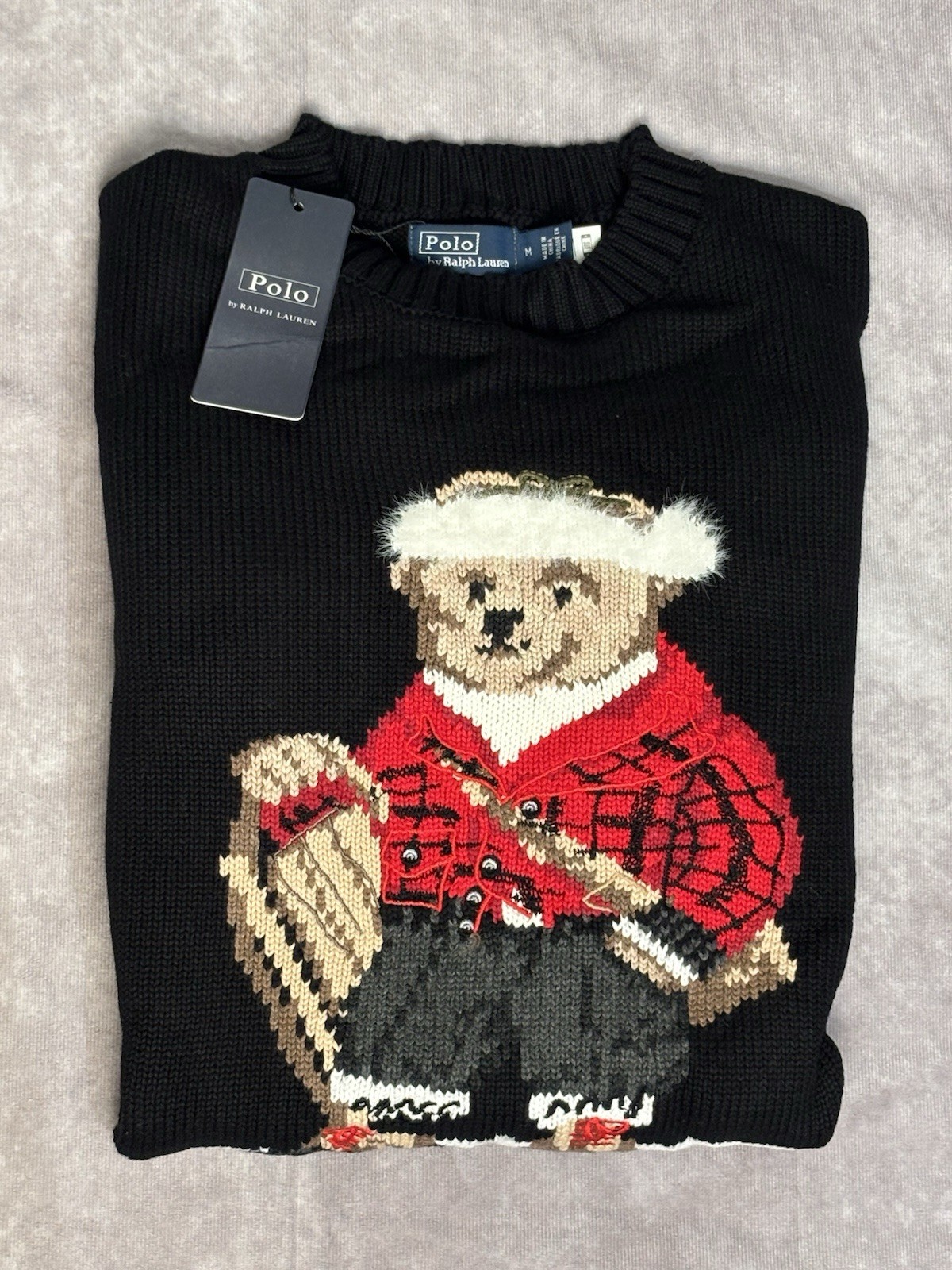 Polo Ralph Lauren Cotton Snow Polo Bear Sweater Men Size Medium Black Rare