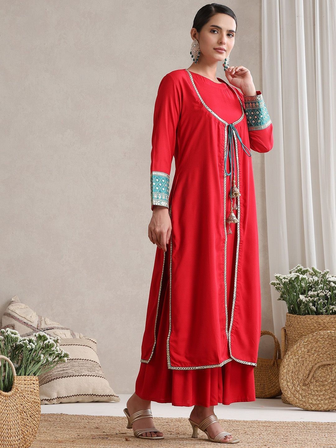 Womens Mirror Work Sharara Suit Rayon Kurta Chiffon Dupatta Set Wedding 3 Piece