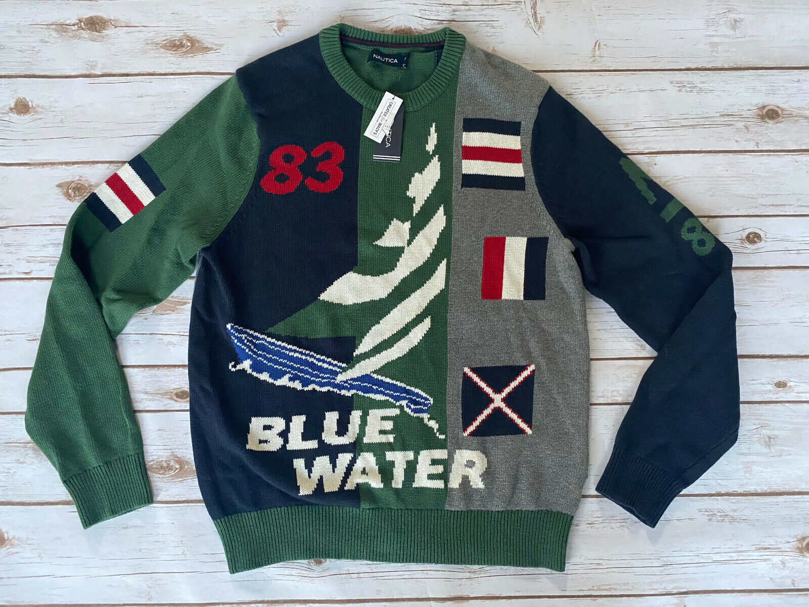 Nautica Intarsia \'83 Blue Water Exclusive Sweater Navy Green Mens Medium New