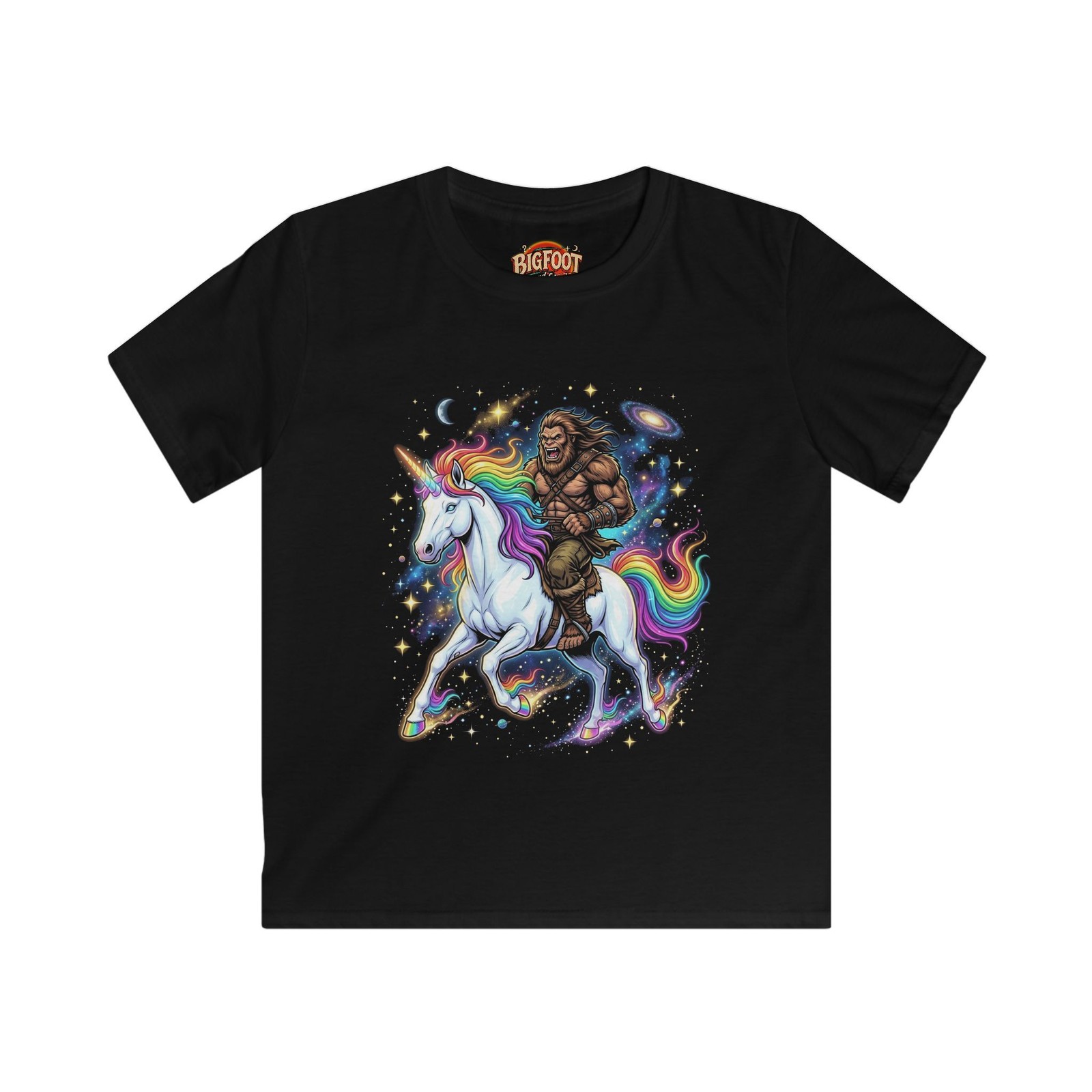 Bigfoot Riding Cosmic Rainbow Unicorn Kids T-Shirt