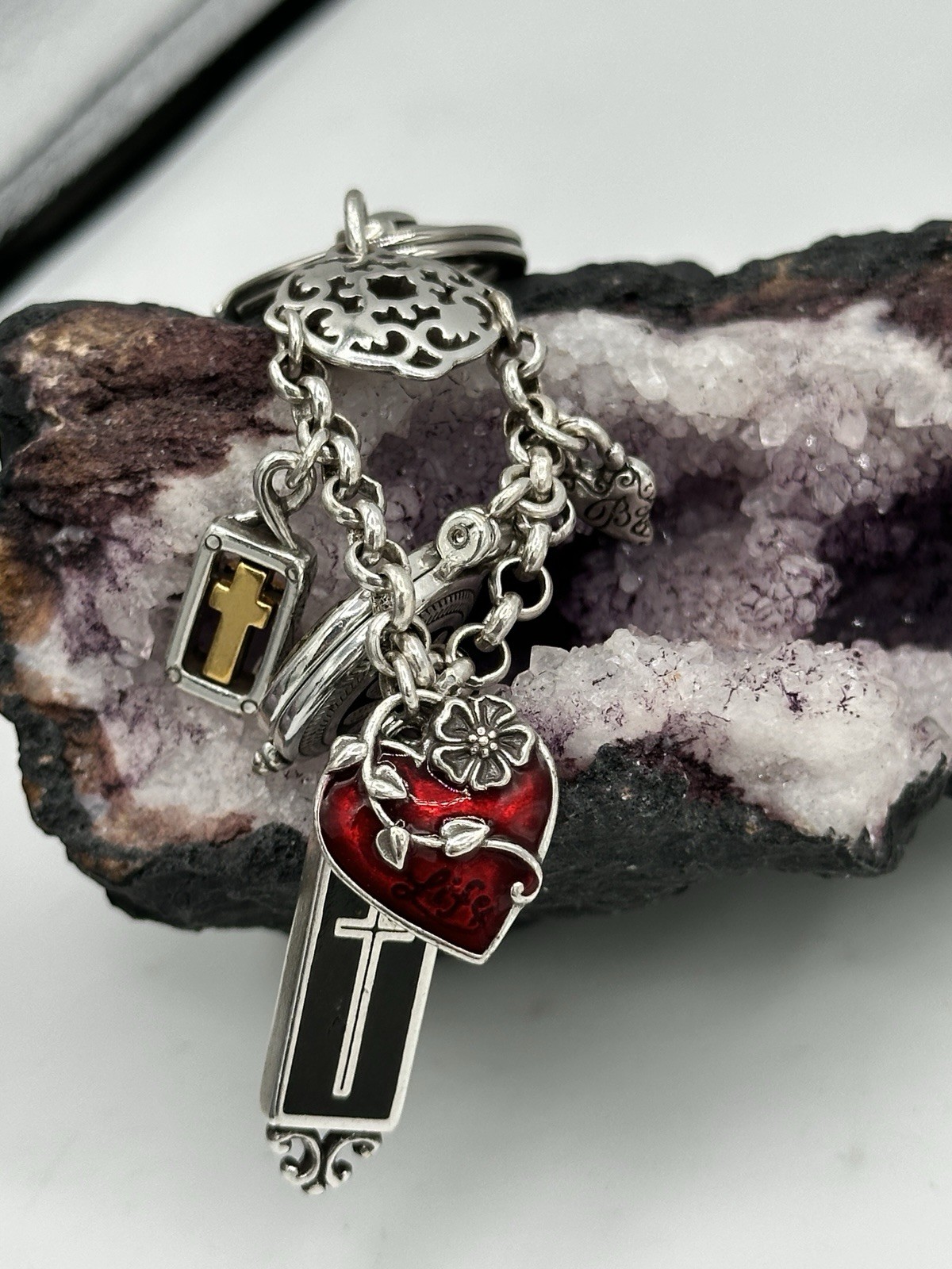 Brighton Multi Charm Keychain Clip Locket Cross Red Heart Floral Key Fob 4.5”
