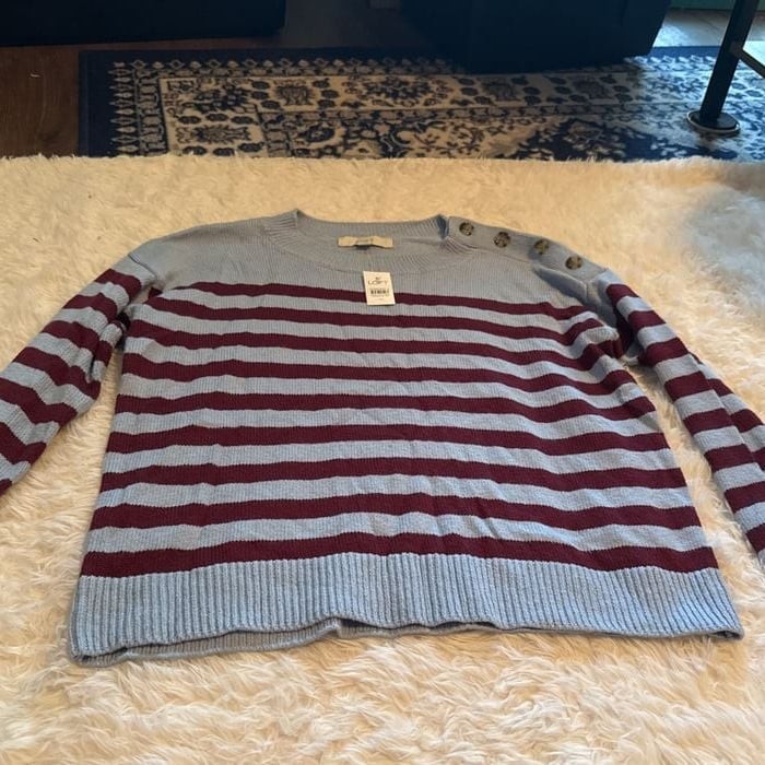 LOFT Blue and Burgundy Striped Long Sleeve Sweater Medium NEW