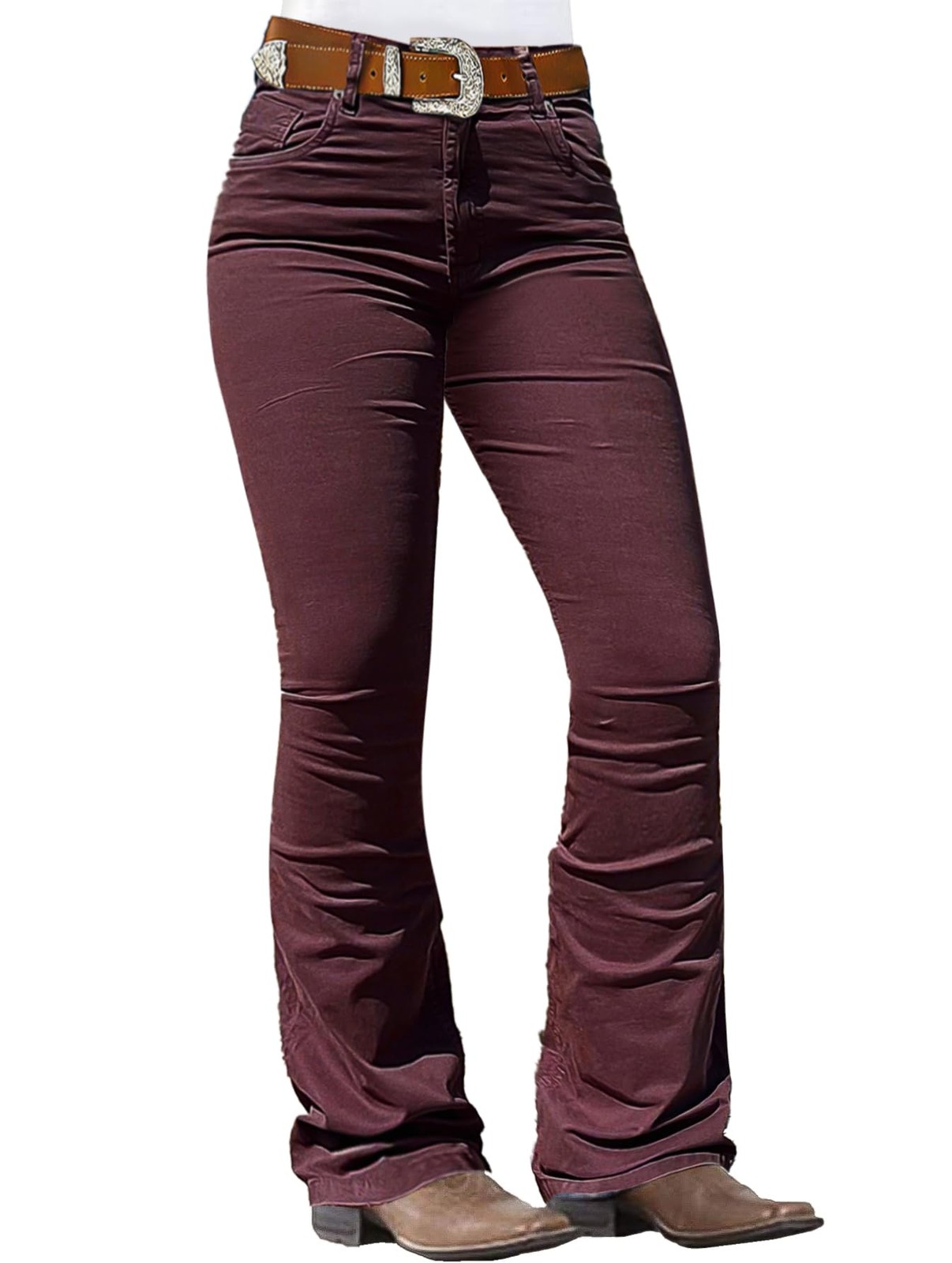 Flamingals Women\'s Burgundy Low Rise Boot Cut Jeans Butt Lifting Western 4XL