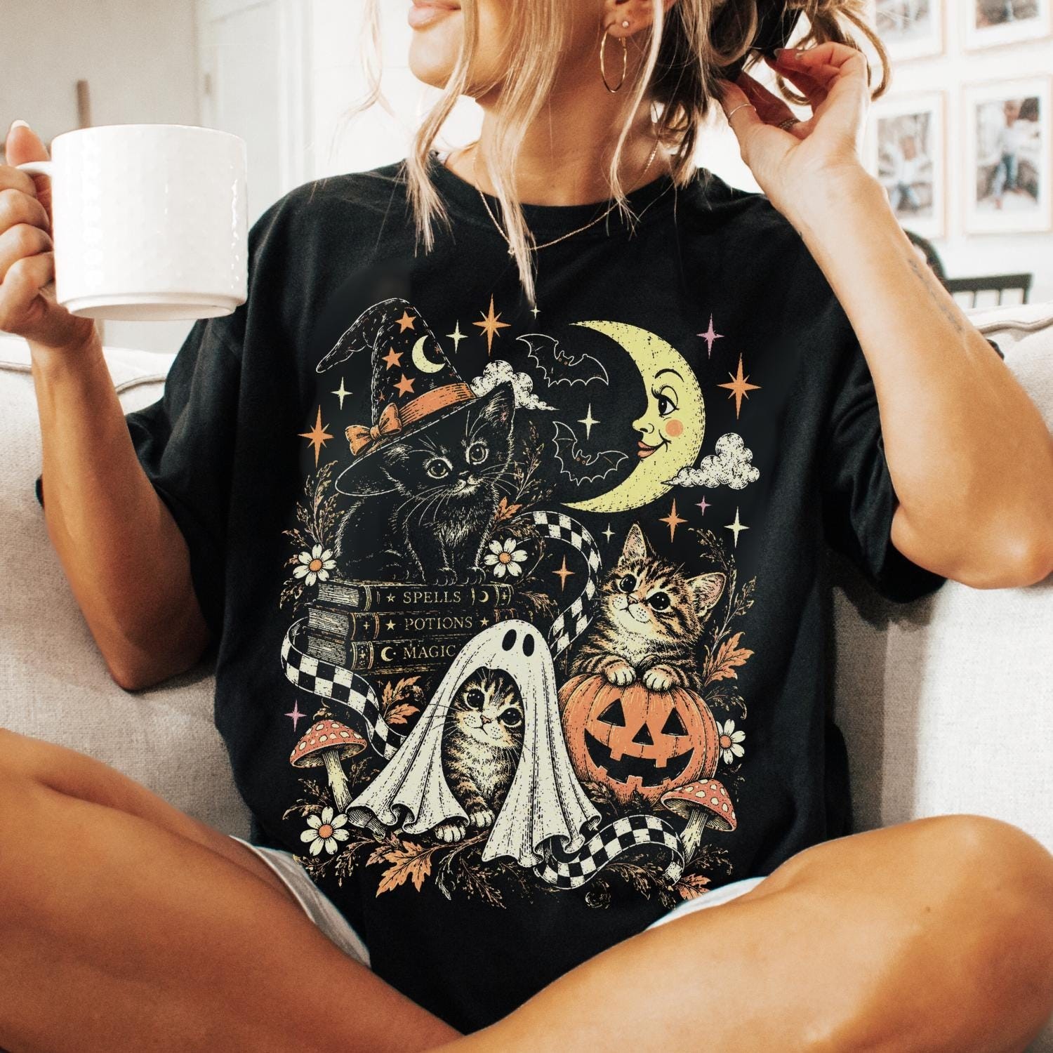 Vintage Halloween Witchy Kitten Graphic Tee, Ghost Cat Pumpkin Shirt