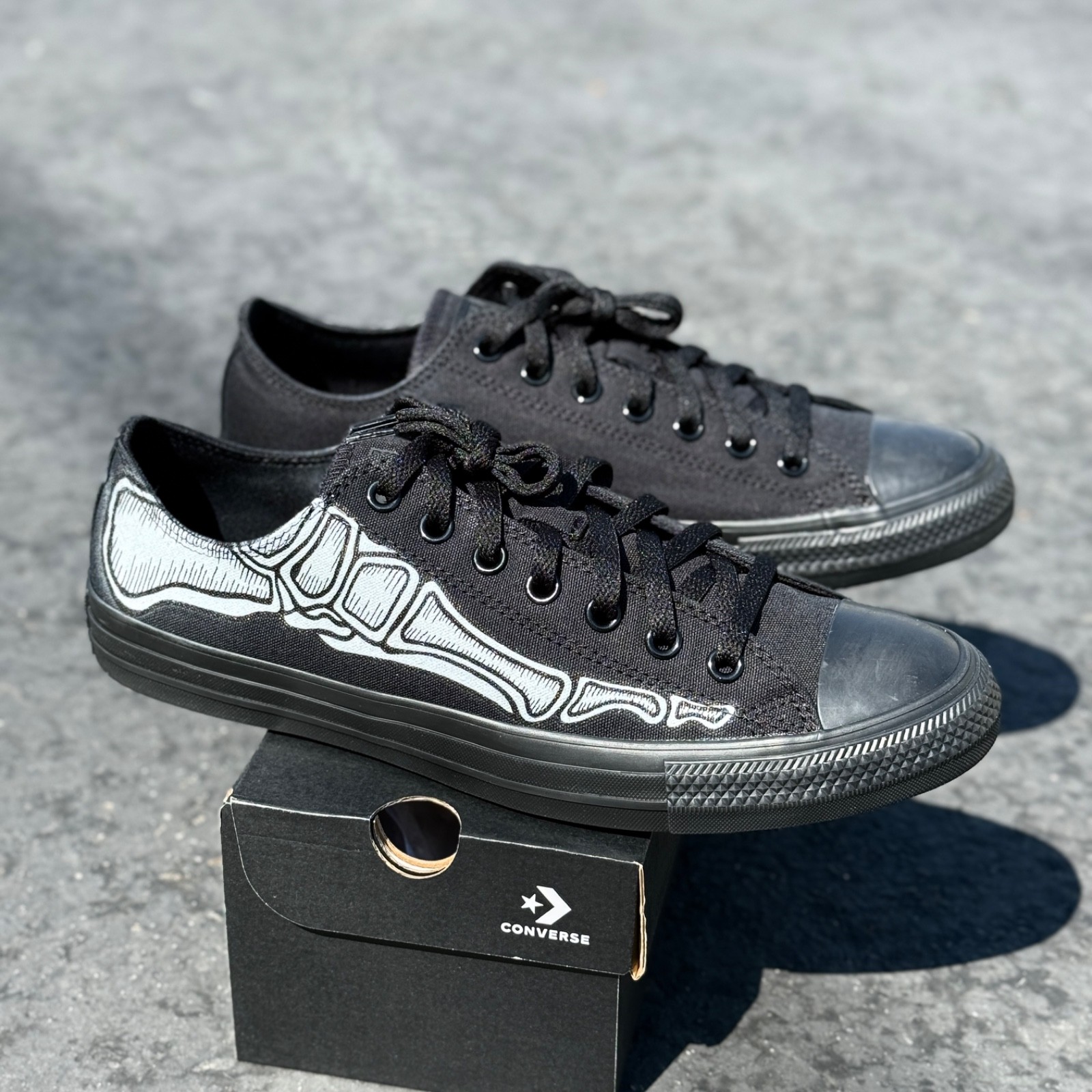 Customized Skeleton Feet on All Black Converse Low Top Shoes for Men and Women
