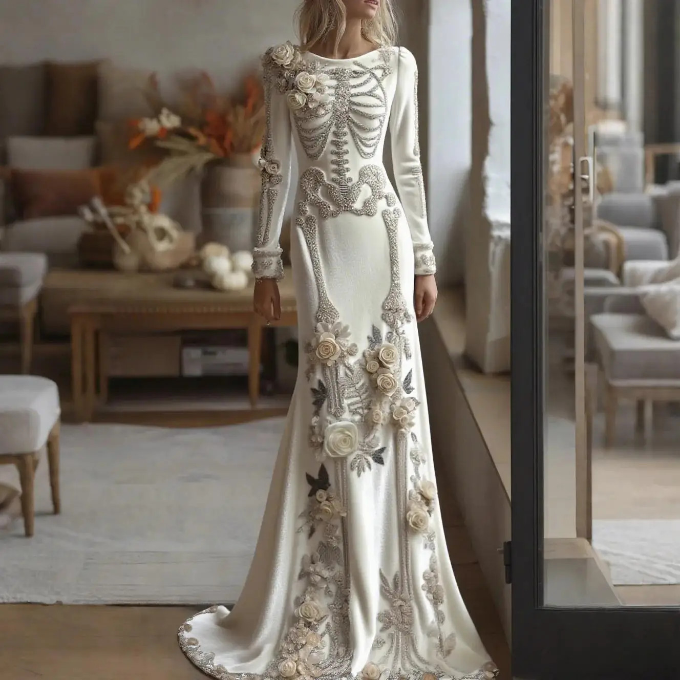 Spooky Skull Round Neck Dress Halloween Masquerade Performance Clothing Women's 