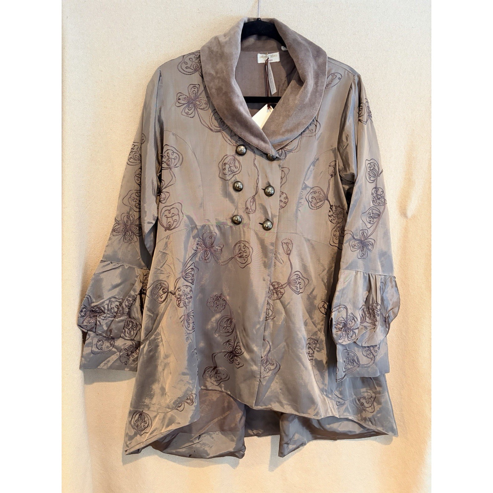 Age of Love Nataya Velvet Trim Jacket XL Long Greige Lagenlook  Jacket NWT