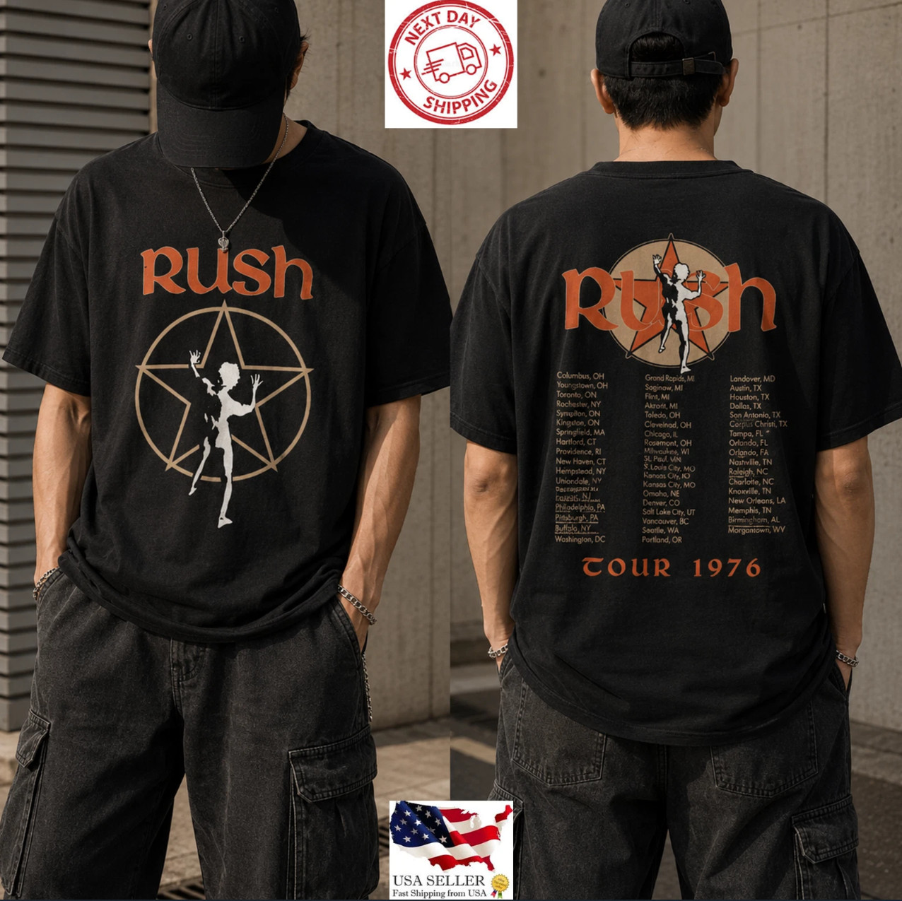 Rush Tour 1976 Vintage Rock Band Shirt Double Sided Concert Tee S to 5XL